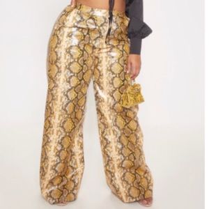 Plus Brown Faux Leather Snake Print Wide Leg Pants